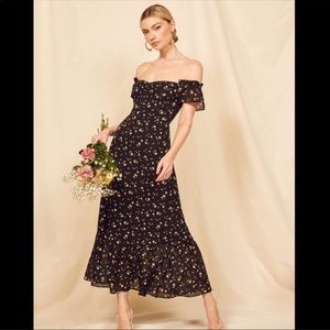 Reformation Black Floral Off-Shoulder Midi Dress
